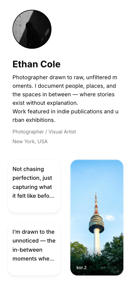 Mobile screenshot of a Harune public profile page